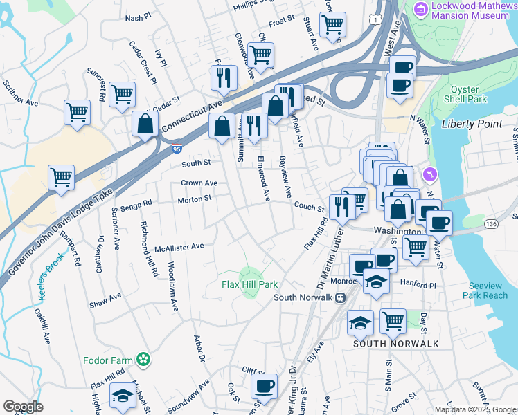 map of restaurants, bars, coffee shops, grocery stores, and more near 46 Elmwood Avenue in Norwalk