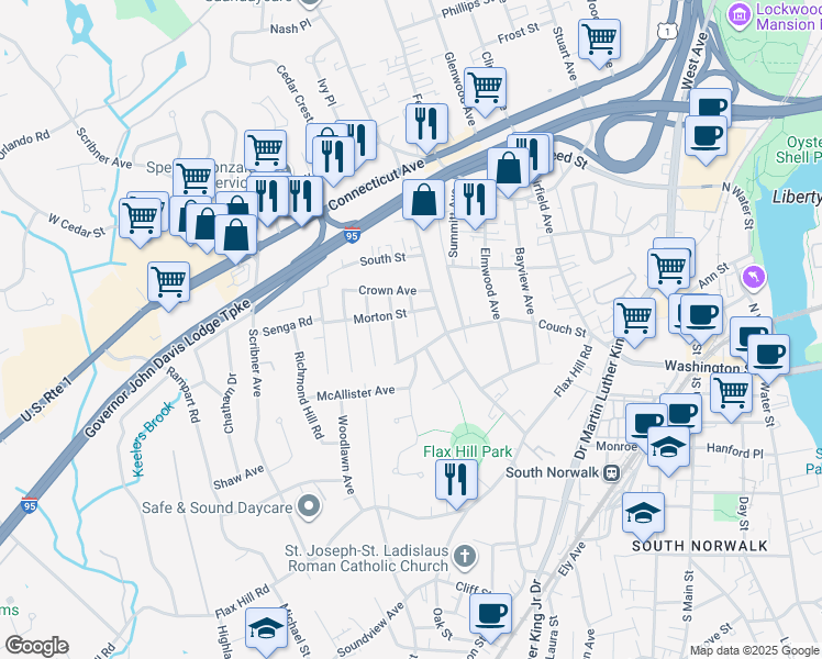 map of restaurants, bars, coffee shops, grocery stores, and more near 15 Avenue A in Norwalk