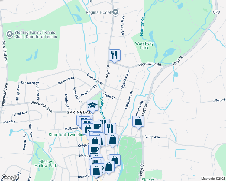 map of restaurants, bars, coffee shops, grocery stores, and more near 39 Bouton Street East in Stamford