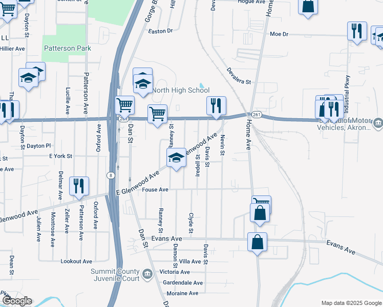 map of restaurants, bars, coffee shops, grocery stores, and more near 650 East Glenwood Avenue in Akron