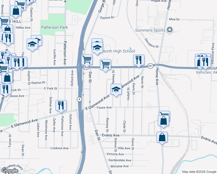 map of restaurants, bars, coffee shops, grocery stores, and more near 798 Phoenix Avenue in Akron