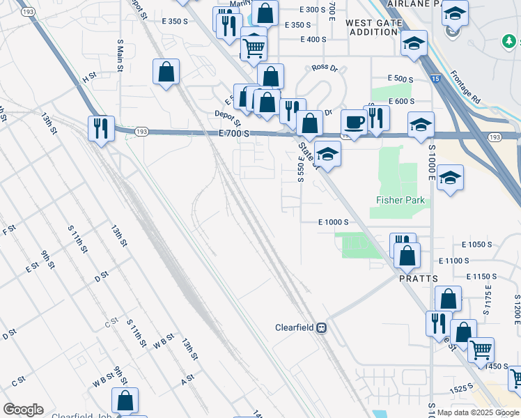 map of restaurants, bars, coffee shops, grocery stores, and more near 875 South Depot Street in Clearfield