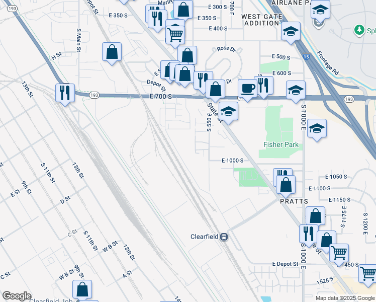 map of restaurants, bars, coffee shops, grocery stores, and more near 875 South Depot Street in Clearfield