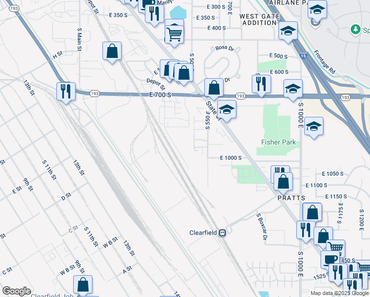 map of restaurants, bars, coffee shops, grocery stores, and more near 875 South Depot Street in Clearfield