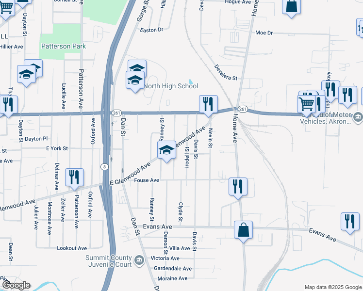map of restaurants, bars, coffee shops, grocery stores, and more near 650 East Glenwood Avenue in Akron