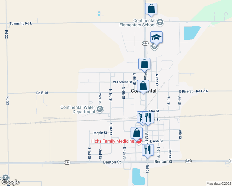 map of restaurants, bars, coffee shops, grocery stores, and more near 305 W Rice St in Continental