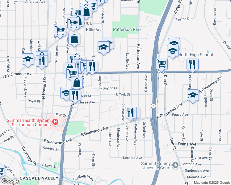 map of restaurants, bars, coffee shops, grocery stores, and more near 275 East York Street in Akron