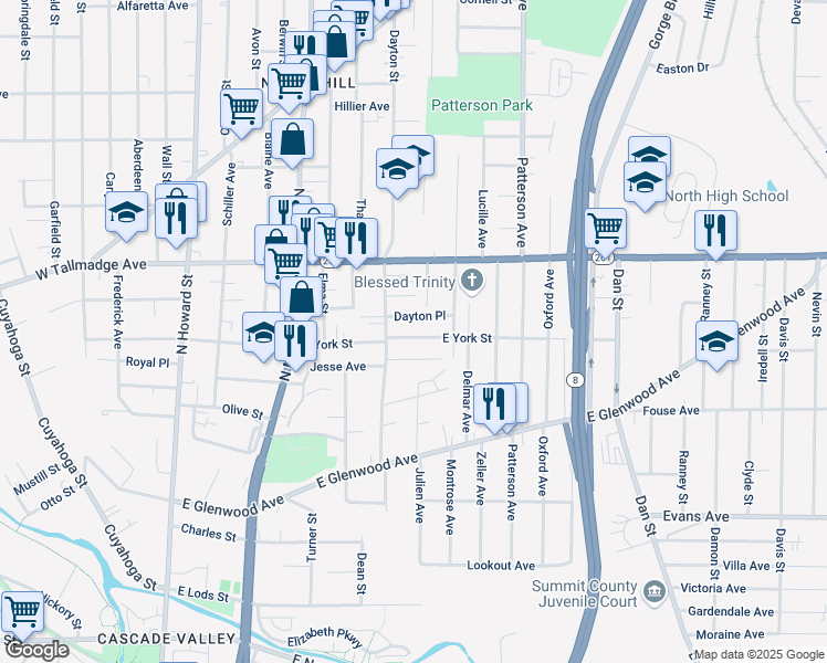 map of restaurants, bars, coffee shops, grocery stores, and more near 245 East York Street in Akron