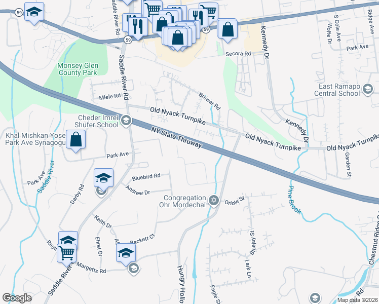 map of restaurants, bars, coffee shops, grocery stores, and more near 18 Jon Leif Lane in Chestnut Ridge