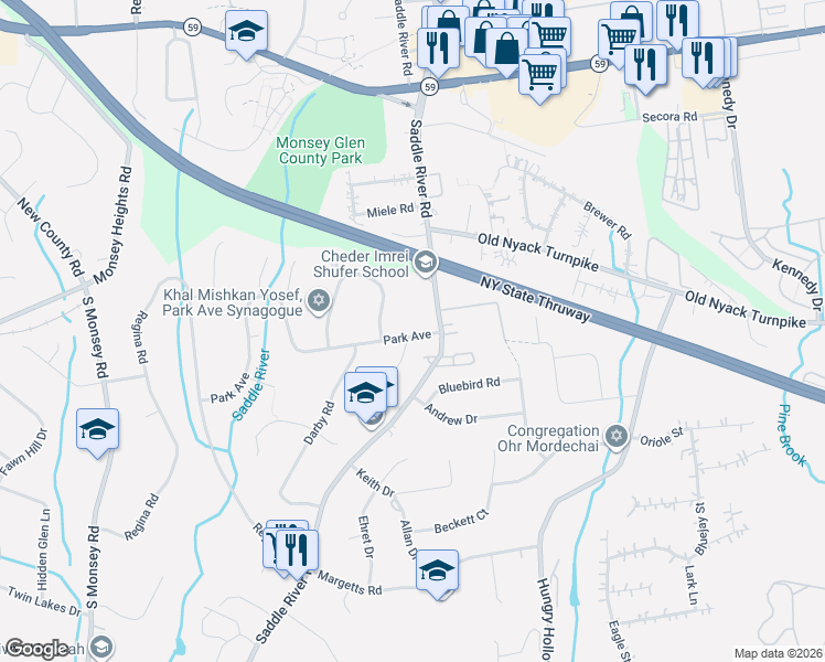 map of restaurants, bars, coffee shops, grocery stores, and more near 6 Park Avenue in Airmont
