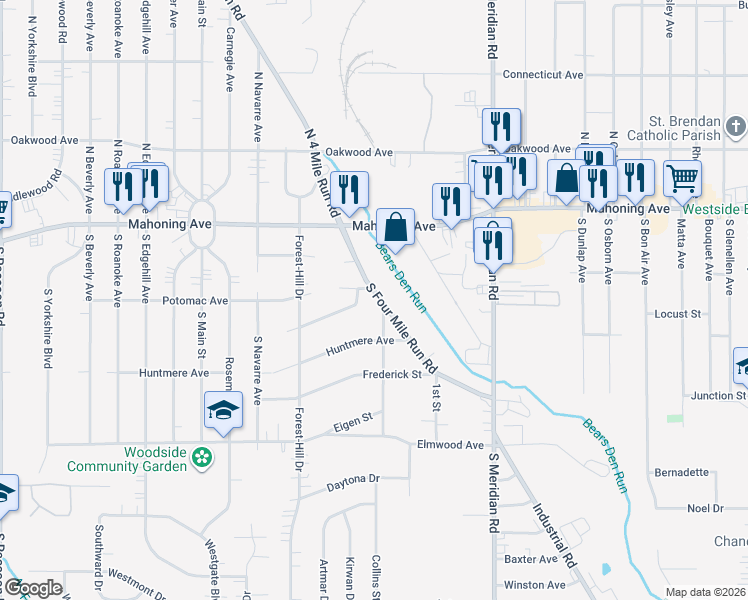map of restaurants, bars, coffee shops, grocery stores, and more near 3819 Oakleigh Avenue in Youngstown