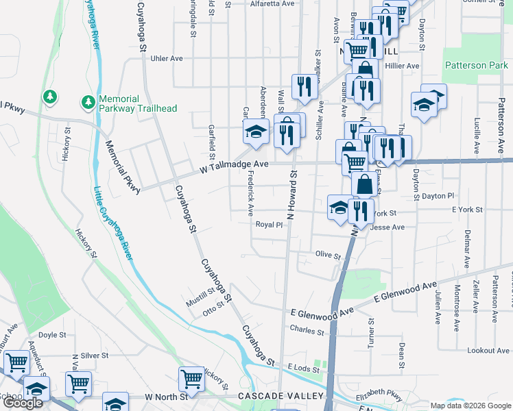 map of restaurants, bars, coffee shops, grocery stores, and more near 55 West York Street in Akron