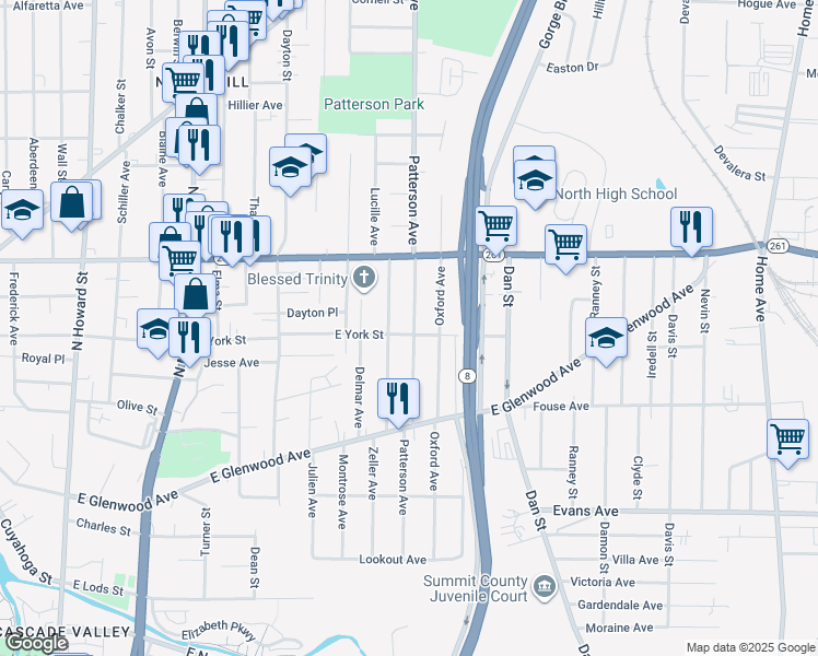 map of restaurants, bars, coffee shops, grocery stores, and more near 359 East York Street in Akron