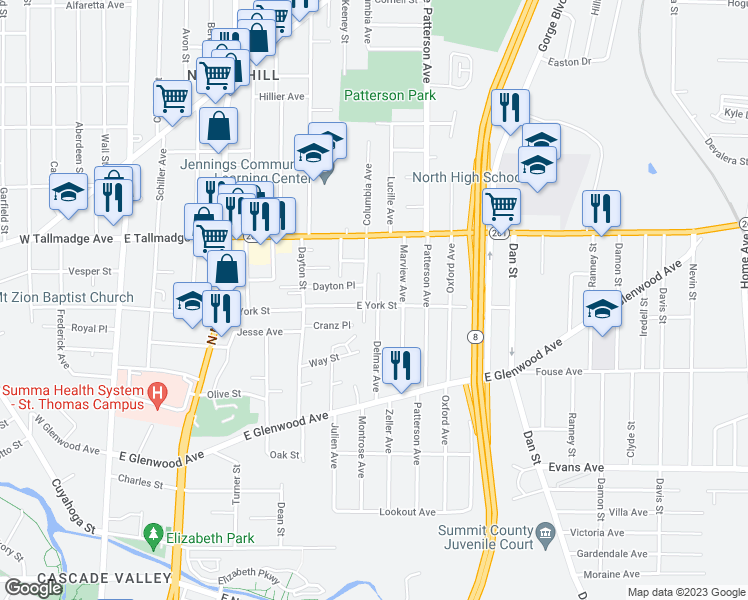 map of restaurants, bars, coffee shops, grocery stores, and more near 303 East York Street in Akron
