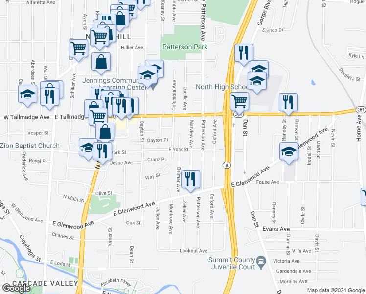 map of restaurants, bars, coffee shops, grocery stores, and more near 315 East York Street in Akron
