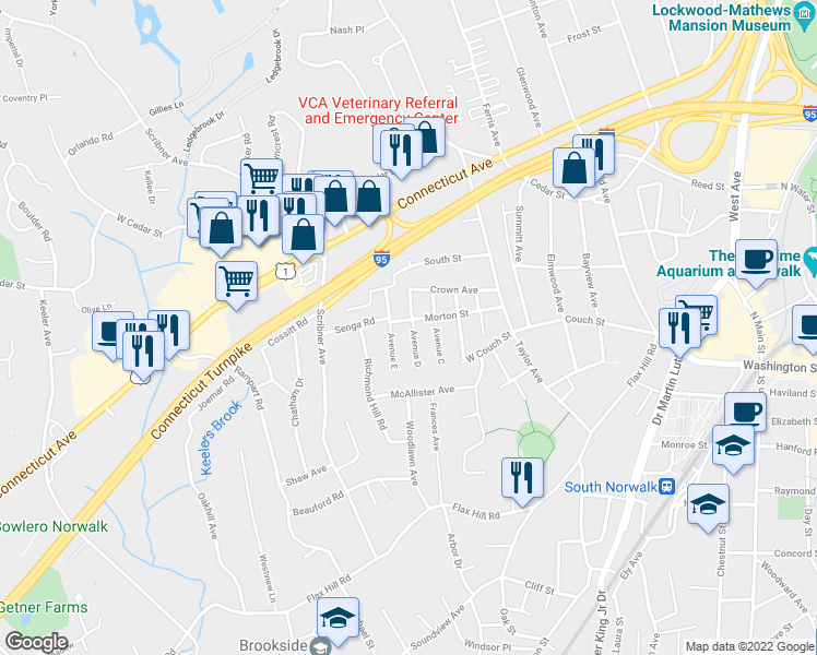 map of restaurants, bars, coffee shops, grocery stores, and more near 14 Avenue D in Norwalk