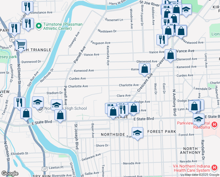 map of restaurants, bars, coffee shops, grocery stores, and more near 1102 Charlotte Avenue in Fort Wayne