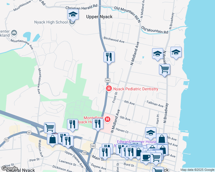 map of restaurants, bars, coffee shops, grocery stores, and more near 500 North Highland Avenue in Nyack