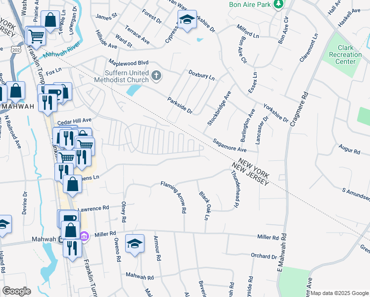 map of restaurants, bars, coffee shops, grocery stores, and more near 2392 Quill Court in Mahwah