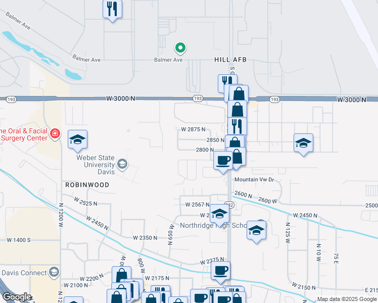 map of restaurants, bars, coffee shops, grocery stores, and more near 2875 North Hill Field Road in Layton