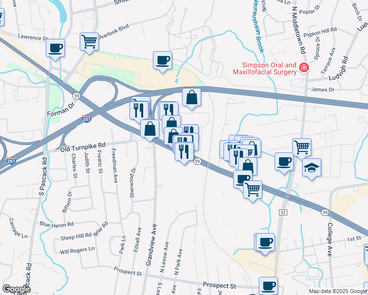 map of restaurants, bars, coffee shops, grocery stores, and more near 212 Route 59 in Nanuet