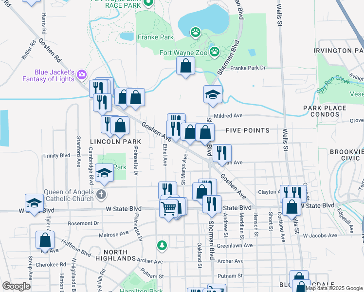 map of restaurants, bars, coffee shops, grocery stores, and more near Goshen Avenue in Fort Wayne