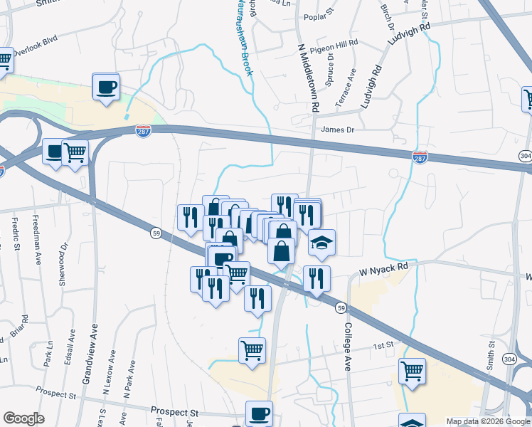 map of restaurants, bars, coffee shops, grocery stores, and more near 18 Fenner Lane in Nanuet