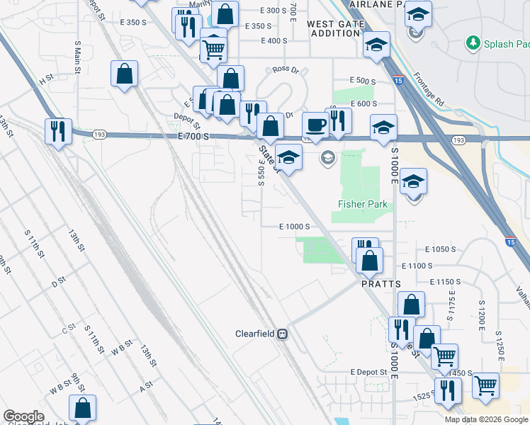 map of restaurants, bars, coffee shops, grocery stores, and more near 620 East 950 South in Clearfield