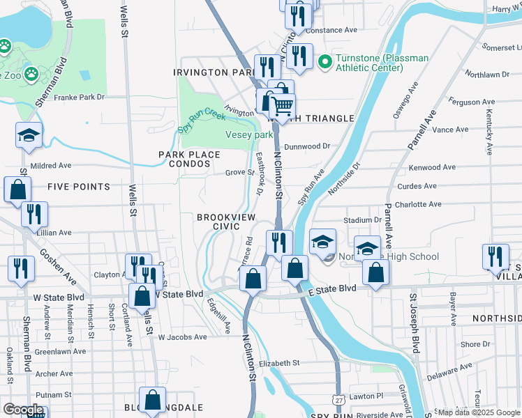 map of restaurants, bars, coffee shops, grocery stores, and more near 2602 Eastbrook Drive in Fort Wayne