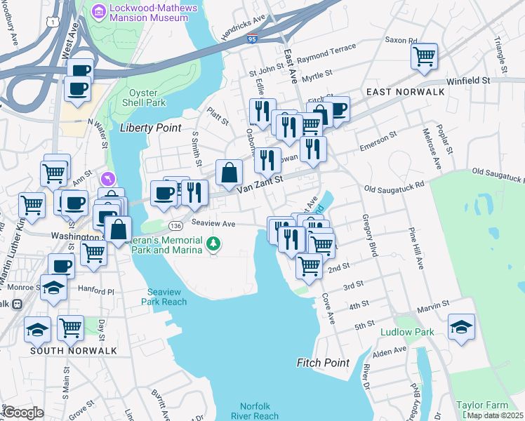 map of restaurants, bars, coffee shops, grocery stores, and more near 6 Betts Place in Norwalk