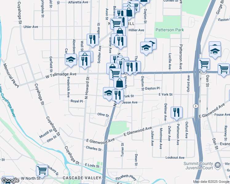 map of restaurants, bars, coffee shops, grocery stores, and more near 534 North Main Street in Akron