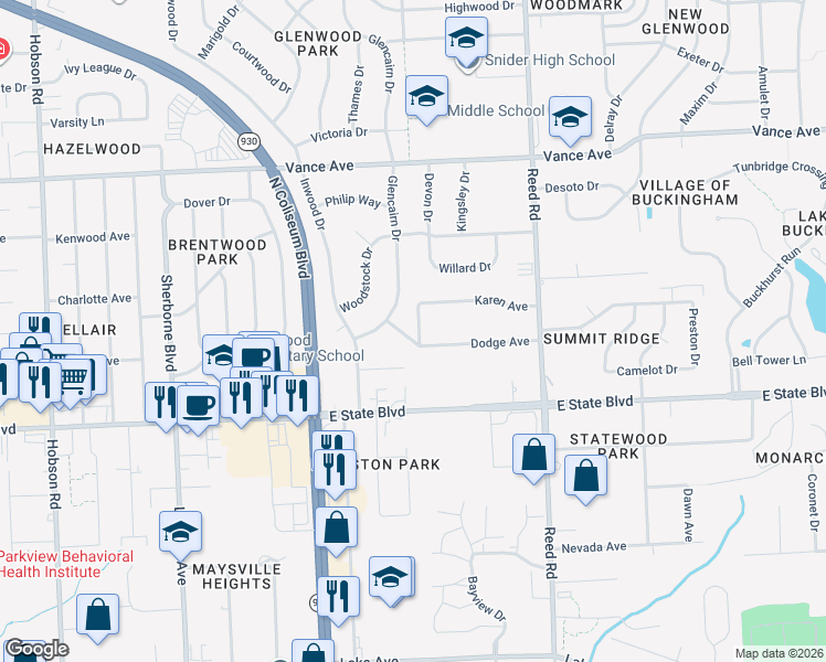 map of restaurants, bars, coffee shops, grocery stores, and more near 4327 Dodge Avenue in Fort Wayne