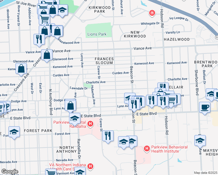 map of restaurants, bars, coffee shops, grocery stores, and more near 2501 Clara Ave in Fort Wayne