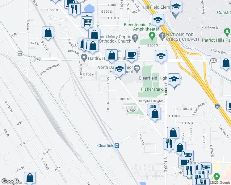 map of restaurants, bars, coffee shops, grocery stores, and more near 660 East 950 South in Clearfield