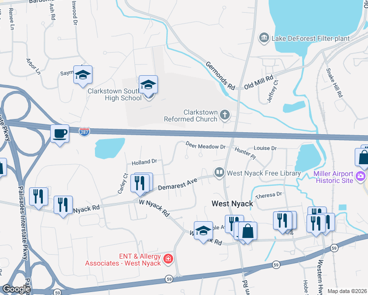 map of restaurants, bars, coffee shops, grocery stores, and more near 2 Woodcock Road in West Nyack