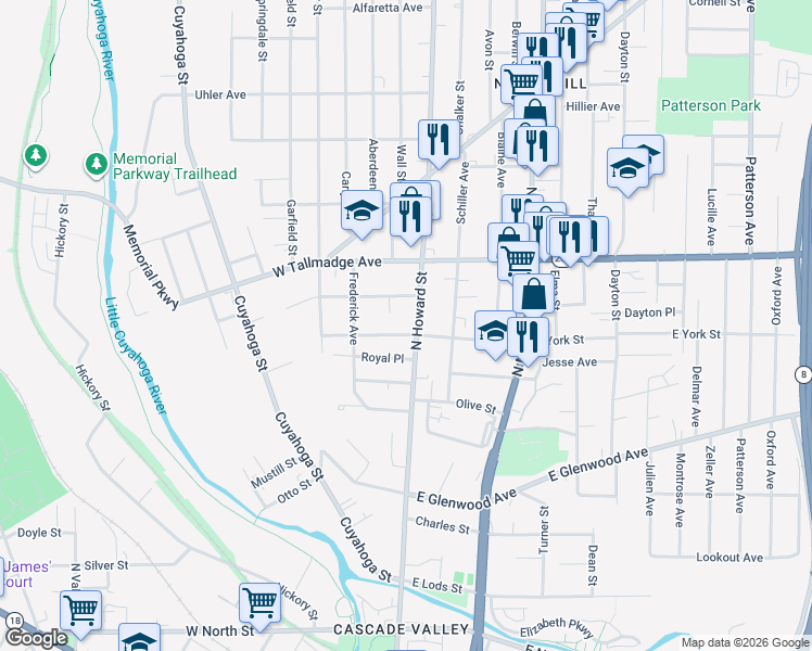 map of restaurants, bars, coffee shops, grocery stores, and more near 3 West York Street in Akron
