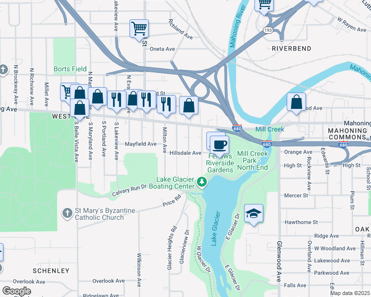 map of restaurants, bars, coffee shops, grocery stores, and more near 57 Halls Heights Avenue in Youngstown