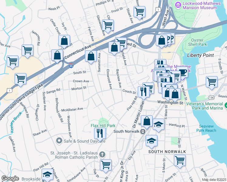 map of restaurants, bars, coffee shops, grocery stores, and more near 46 Elmwood Avenue in Norwalk