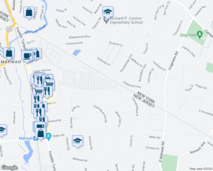 map of restaurants, bars, coffee shops, grocery stores, and more near 2391 Quill Court in Mahwah