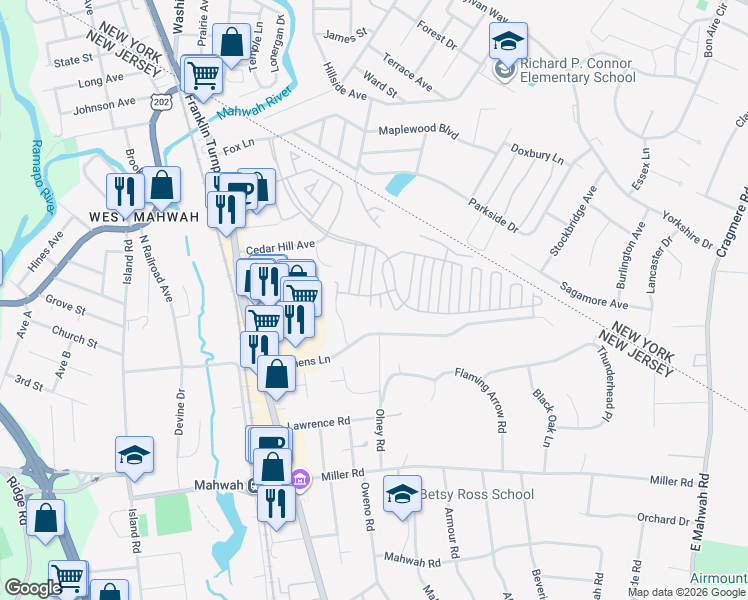 map of restaurants, bars, coffee shops, grocery stores, and more near 2090 Edward Court in Mahwah