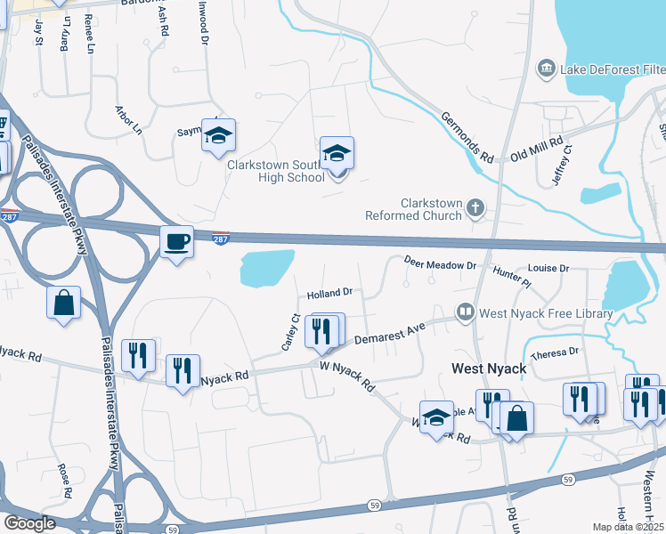 map of restaurants, bars, coffee shops, grocery stores, and more near 39 Highland Avenue in West Nyack