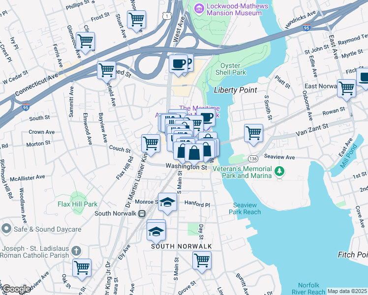 map of restaurants, bars, coffee shops, grocery stores, and more near 44 North Main Street in Norwalk