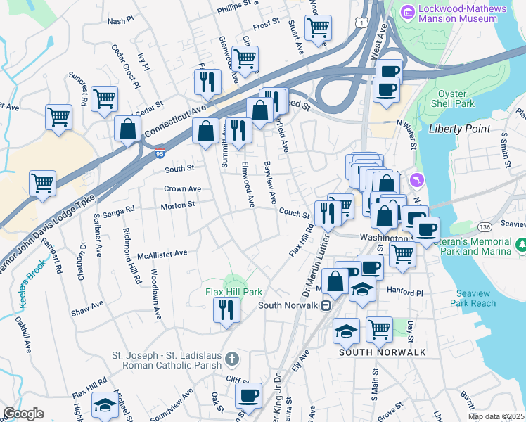 map of restaurants, bars, coffee shops, grocery stores, and more near 46 Elmwood Avenue in Norwalk