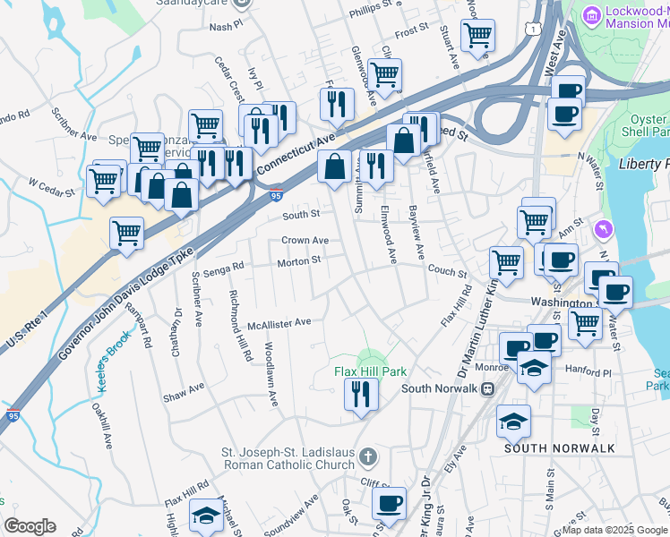 map of restaurants, bars, coffee shops, grocery stores, and more near 15 Avenue A in Norwalk