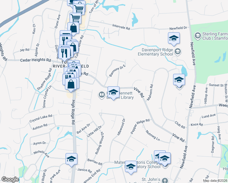 map of restaurants, bars, coffee shops, grocery stores, and more near 133 Vine Road in Stamford