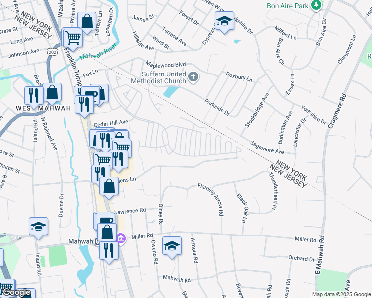 map of restaurants, bars, coffee shops, grocery stores, and more near 2223 Lancaster Court in Mahwah