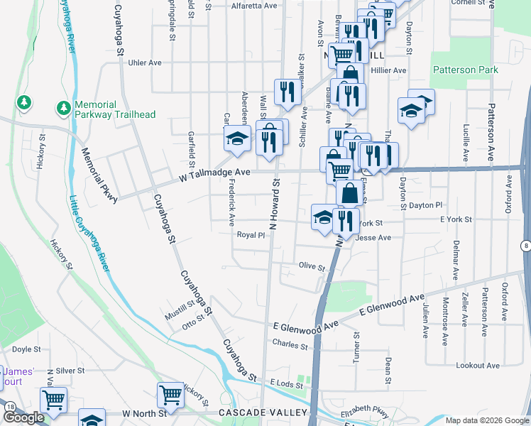 map of restaurants, bars, coffee shops, grocery stores, and more near 3 West York Street in Akron