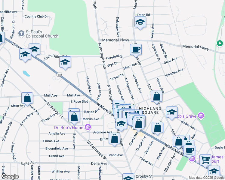 map of restaurants, bars, coffee shops, grocery stores, and more near 95 North Portage Path in Akron