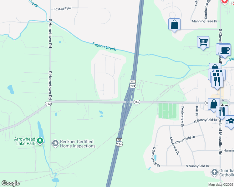 map of restaurants, bars, coffee shops, grocery stores, and more near 3873 Bosworth Drive in Akron