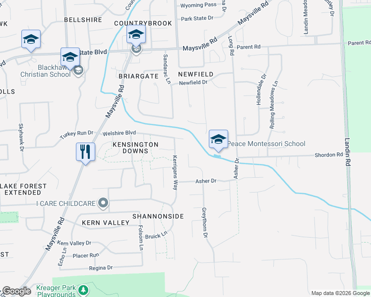 map of restaurants, bars, coffee shops, grocery stores, and more near 2332 Kerrigans Way in Fort Wayne